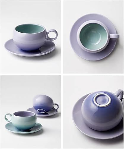Miniatura 7 de Taza de café con forma de huevo, tazas de té y platillos Taza de café de cerámica para chocolate caliente, latte, café moca, té (juego púrpura)