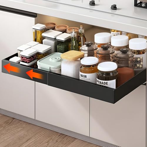 JAOGAUS Cajón Telescópico, Organizador de Gabinete Extraíble Extensible (32-52 cm), Cajón Metálico Deslizante Para Alacena, Almacenamiento de Cocina, Organizador de Cajones, sin taladrar