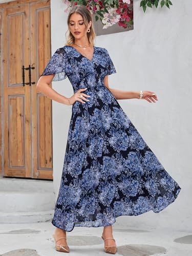 Image of Simplee Women's Boho Floral Maxi Dress Flowy Casual V Neck Short Sleeve Wedding Guest Holiday Beach Long Dress