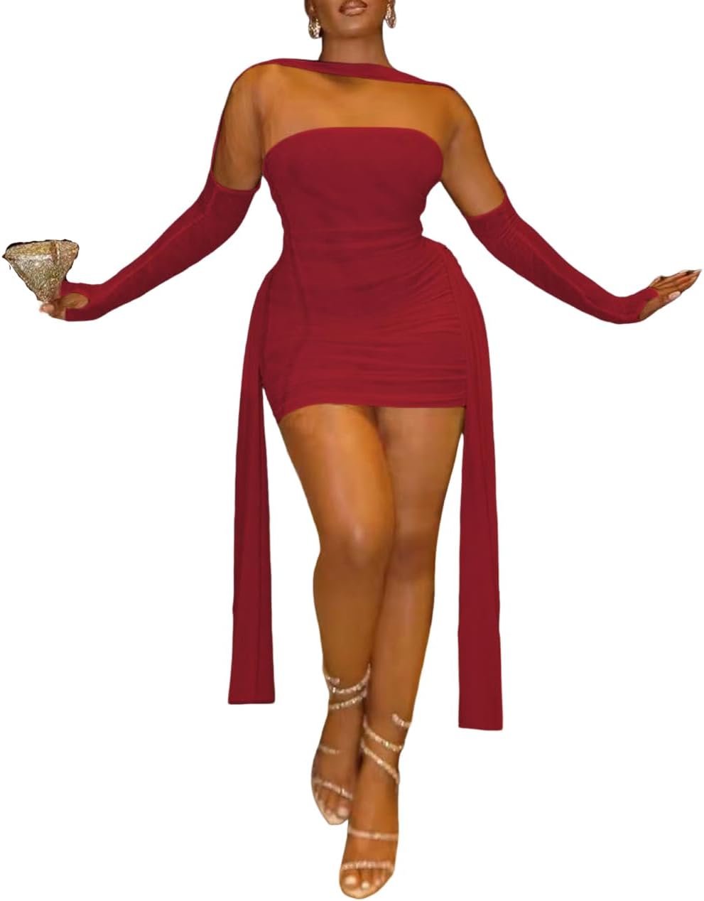 Sexy Strapless Tube Top Mesh Mini Dress for Women Bodycon Ruched Ribbons Birthday Date Night Dresses