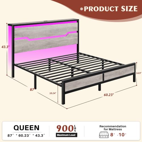Image of Homkdom Metal Queen Bed Frame with LED Storage Headboard & USB Ports Grey | Underbed Storage for Saving Space, Noise-Free Quiet Sleep Setup for Master Bedroom, Couples & Modern Apartments