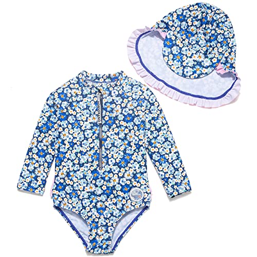 Mazuliso Bebé Niñas Traje de Baño una Pieza Manga Larga UPF50+ Bañadores con Cremallera y Sombrero(Daisy,68-74 CM)