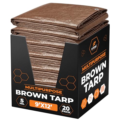 Image of Multipurpose Protective Cover Brown Poly Tarp 9' x 12' Bulk (20-Pack) - Durable, Water Resistant, Weather Resistant - 5 Mil Thick Polyethylene - by Xpose Safety