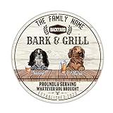 Plaque ronde en métal avec nom de chien en forme d'écorce et gril Cavalier King Charles Spaniel & Golden Retriever - Décoration murale amusante en métal pour bureau, maison, café, 30,5 x 30,5 cm