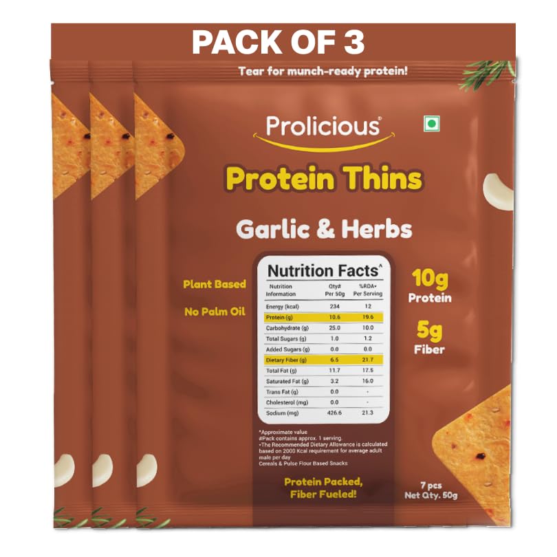 Image of Prolicious Thins Garlic & Herbs High Protein Chips | Upgrade Your Snacking | 10g Protein + 5g Fibre | Same Crunch, Snack Smarter | Plant Based | No Palm Oil | 50g, Pack of 3