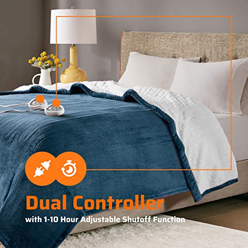 Sherpa Soft Dual Control Electric Blanket King Size, Heating Blankets | Washable | 1-10 Hour Automatic Shut Off | Double Zone, 20 Heat Settings | 100" X 90" Blue #TOP1