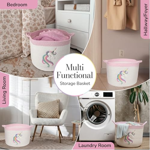 Image of Unicorn Baby Storage Basket, Woven Cotton Rope Nursery Bin, 15x11 in | Stuffed Animal and Blanket Storage, Soft Felt Unicorn Patch, Baby Girl Room Decor, Shower Gift, Kids Playroom Organizer