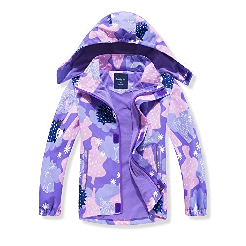 Lengender Manteaux Imperméables Enfant Blouson Imprimée Fleurs - Coupe Vent Doublé Polaire Fille - Veste de Pluie avec Capuche Amovible (Violet, 110) Cover