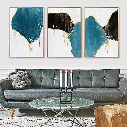 Toile peinture abstraite géométrique bleu doré 3 pièces 50x70cm pour salon moderne
