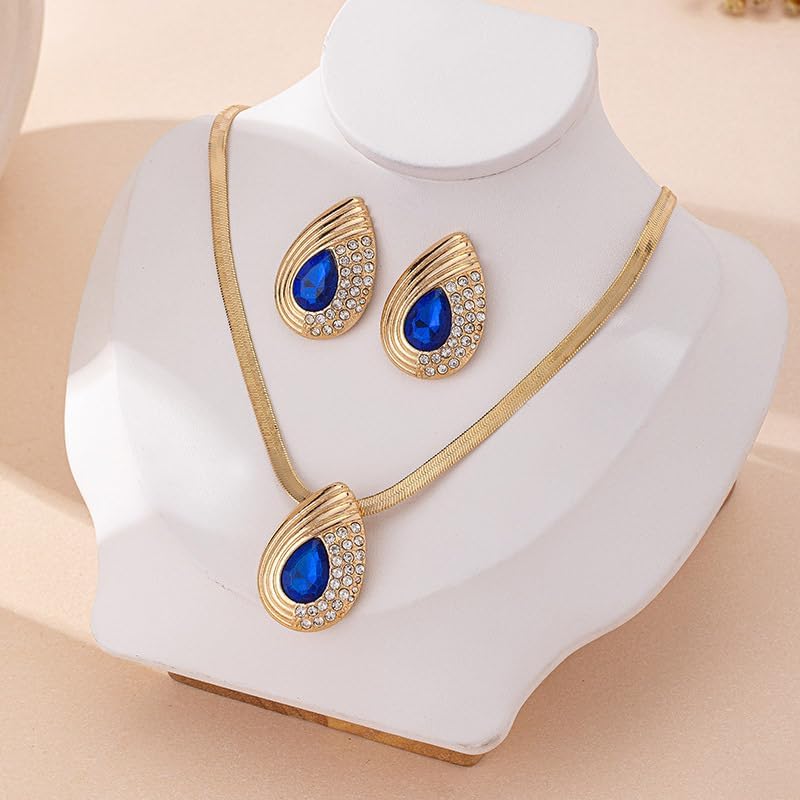 PLOUTOS Teardrop Blue Crystal Pendant Necklace Earrings For Women Elegant Vintage Statement Wedding Party Gold Tone Rhinestone Accents Deep Blue - Image 3