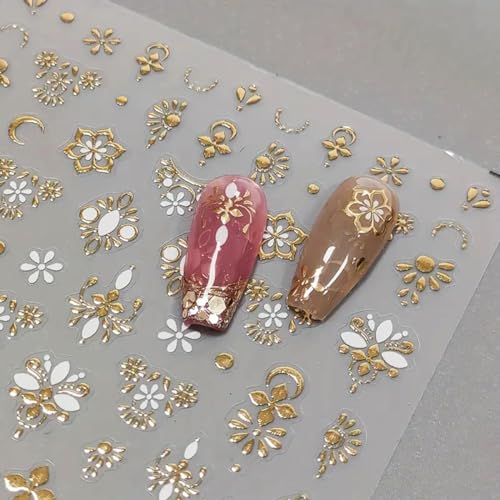 Powpop P313 Gold Nail Art Stickers Golden Totem Nail Decals 3D Bronzing Self-Adhesive Nail Art Supplies Luxury Design Hollow Totem Flower Nails Adhesive Sliders thumb #1