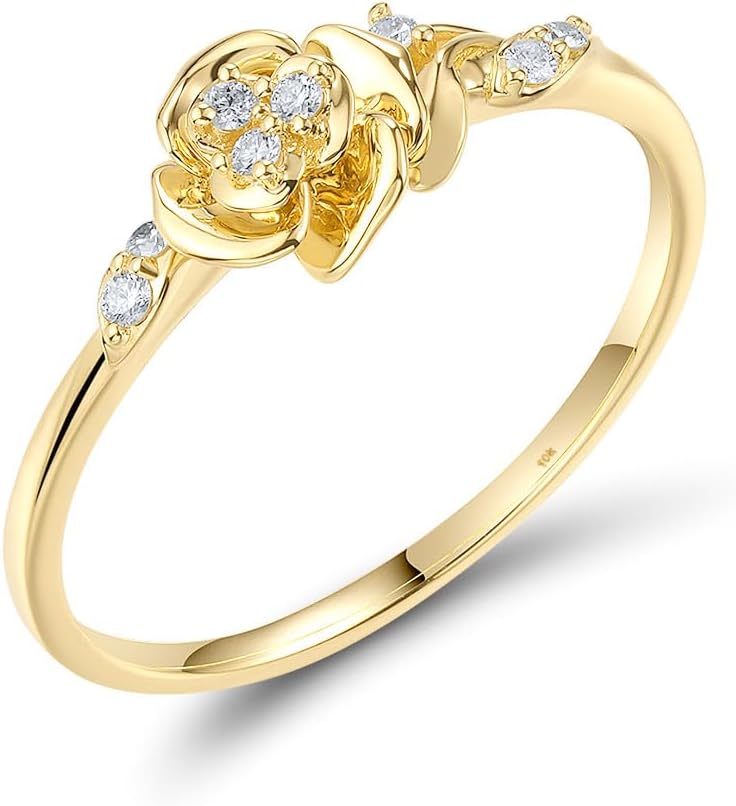 Santuzza 10K Solid Gold Plant Genuine Diamond Dainty Yellow Flower Ring for Women