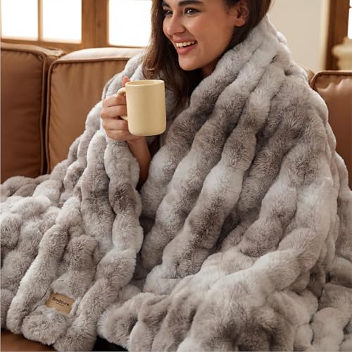 Bedsure GentleSoft Fluffy Faux Fur Blanket Twin Size, Fuzzy Soft Bubble Blanket for Couch, Faux Fur Decor for Bedroom Living Room, Thick Furry Cozy Gifts for Women, Tie-dye Brown, 60x80 Inch