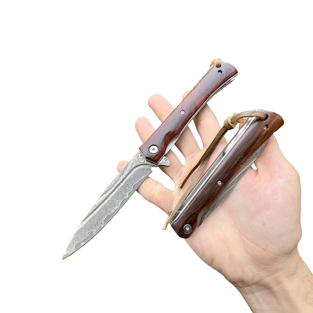 Couteau Pliant Poche Damas Style Japonais Damascus 67 Couches VG10 lame Tranchante Manche bois Collection Cadeau Homme forge artisanat custom camping extérieur edc