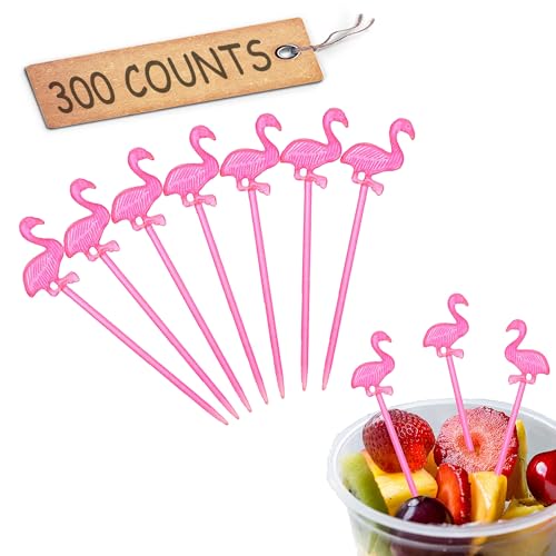 Comicfs プラスチック製フラミンゴつまようじ 300個 前菜用 3.5インチ フルーツフォーク カクテルスティック 使い捨て カクテルスティック ドリンク用カクテルピック ピンクフラミンゴピック 33