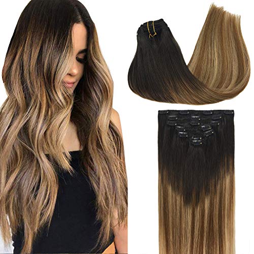GOO GOO Human Hair Extensions Clip in Remy Hair Extensions Dark Brown Fading to Chestnut Brown and Dirty Blonde Ombre Clip in Extensions Balayage Hair Extensions 7pcs 120g 18 inch