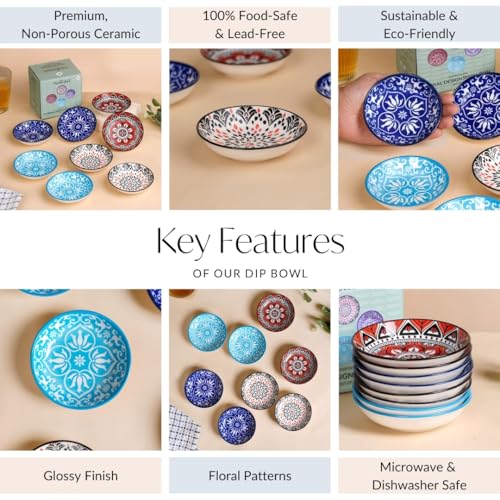 Image of Nestasia Set of 8 Small Ceramic Plates (70ml Each) | Floral Mandala Microwave & Dishwasher Safe Serving Dishes | Ideal for Appetizers, Dips, Prasad, Desserts, Sweets, Snacks and Gifting (Red & Blue)