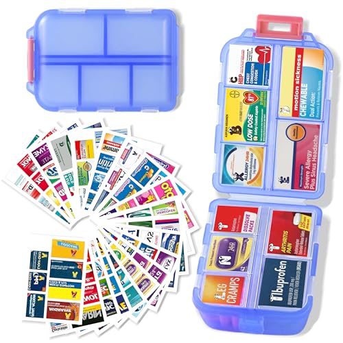 Image of Large Pill Organizer with 161 Medicine Labels, Travel Pill Case | Blue Large pill case with 10 compartments and 161 medicine labels for 7-day planning, vitamins, supplements, daily use
