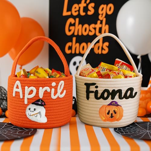 Personalized Halloween Baskets for Kids Custom Halloween Candy Basket with Name Trick or Treat Bags Pumpkin Bucket Gifts for Boys Girls Home Decor