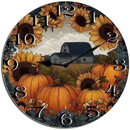 Kurmntregon Fall Pumpkin Wall Clock Autumn Sunflowers Wooden Decorative ...