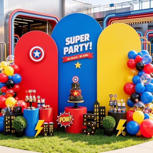 Image of Red Yellow Royal Blue Arch Backdrop Cover Set of 3-6ft 6.6ft 7.2ft Wrinkle Free Spandex Wedding Arch Stand Covers for Birthday Party, Baby Shower, or Banquet Decoration Round Top Chiara Arch Cover