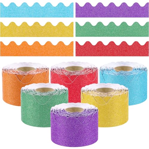 Aodaer 6 Rolls 390 Ft Glitter Bulletin Board Borders Set Colorful Scalloped Rolled Border Trim Shiny Classroom Bulletin Board Decorations for School Office Home DIY Birthday Party Decor, Rainbow