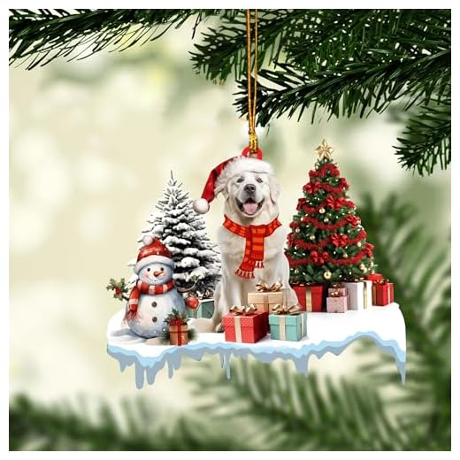 Talataca Great Pyrenees 2D Flat Christmas Ornament, Pyrenean Mountain Dog with Gift Boxes Pine Tree Decor, Hanging House Charm Eve Keepsake, Car Rear View Mirror Accessories, Xmas Gift