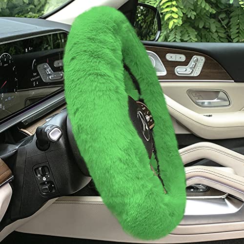 Image of FH Group Doe16 Faux Rabbit Fur Cozy Steering Wheel Cover Ultimate Protection Universal Fit for Most Cars, Trucks, SUVs, and Vans Green