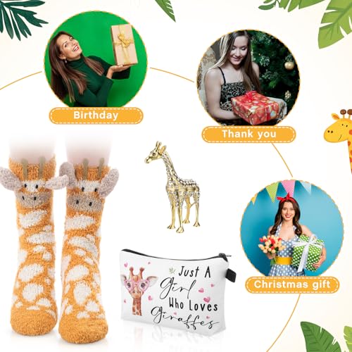 Image of Newtay 3 Pcs Animal Lover Gifts Set for Teacher Women Ring Holder Makeup Bag Fuzzy Socks with Grippers, Cute Gifts for Holiday Birthday(Giraffe)