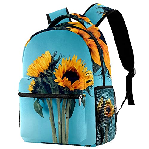 Sac à dos de voyage bleu à motif tournesol avec support bouteille pratique et ergonomique