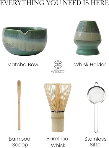 Miniatura 4 de Juego de batidor Matcha Jade  Juego de regalo de matcha japonés de 5 piezas con chawan hecho a mano, batidor de bambú, cuchara, tamiz y soporte