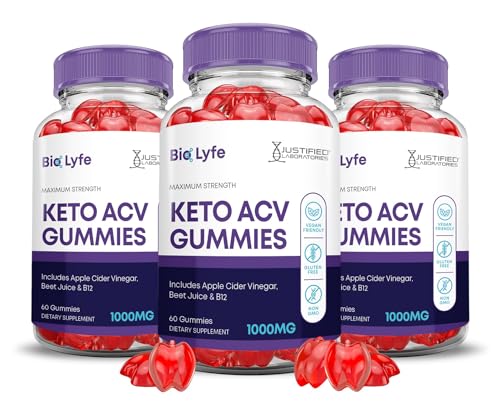 (3 Pack) Bio Lyfe Keto ACV Gummies Advanced Formula 1000MG Biolyfe Keto Gummies Apple Cider Vinegar Formulated with Pomegranate Beet Juice Powder B12 Vegan Non GMO 180 Gummys