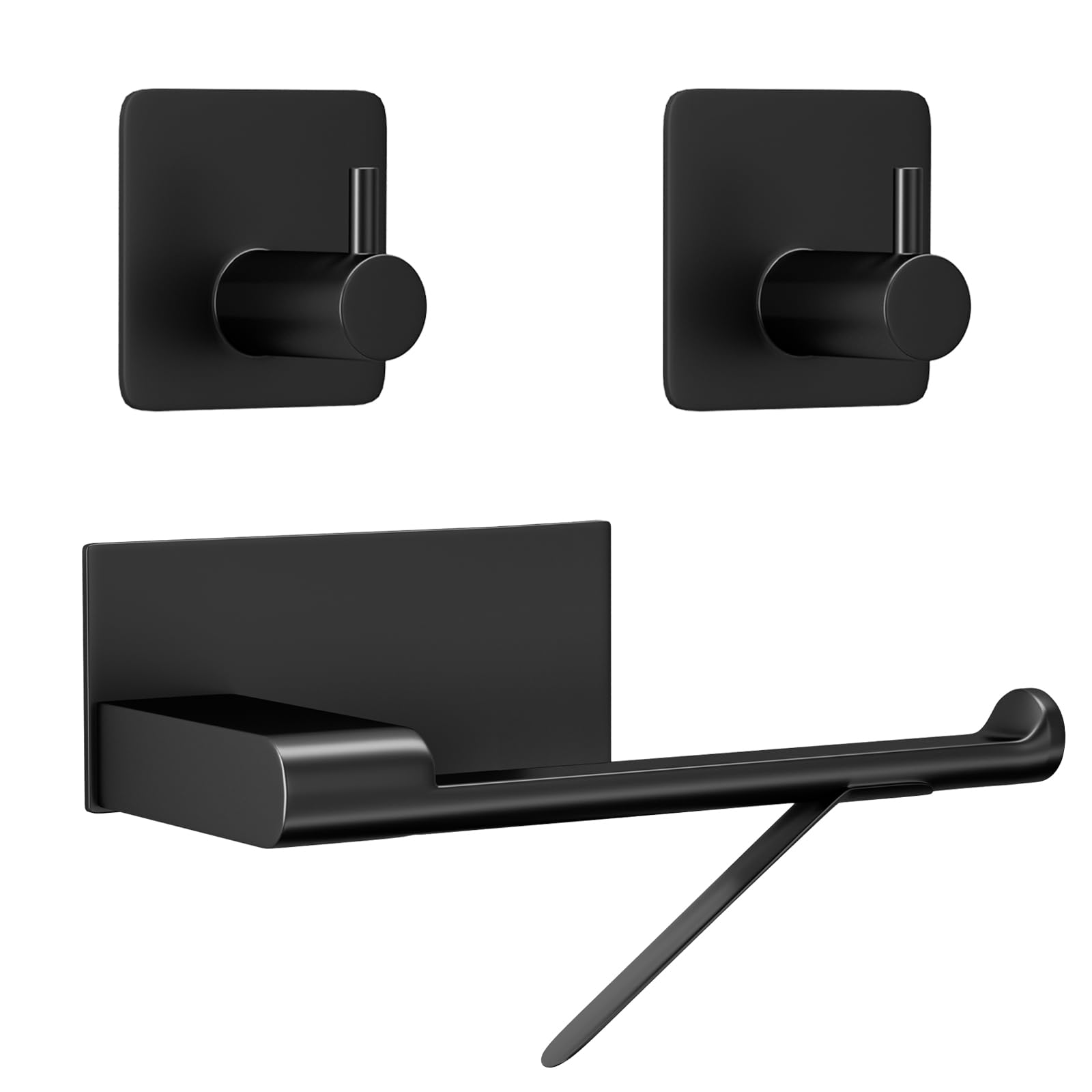Toilet Paper Holder No Drilling Required,Selbstklebend Klopapierhalter WC Papierhalter Edelstahl Toilettenpapierrollenhalter mit 2 Stück Handtuchhaken für Küche und Badzimmer (1 Schwarz)