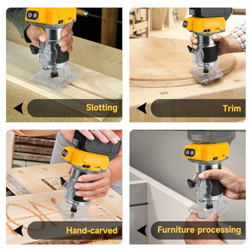 HLiePiHa Cordless Compact Router for Dewalt 20V Battery, 800W Brushless Trimmer Router with 5 Variable Speeds, 30000 RPM, Wood Palm Router Tool with 5PCS 1/4" Router Bits, Edge, Roller Guides
