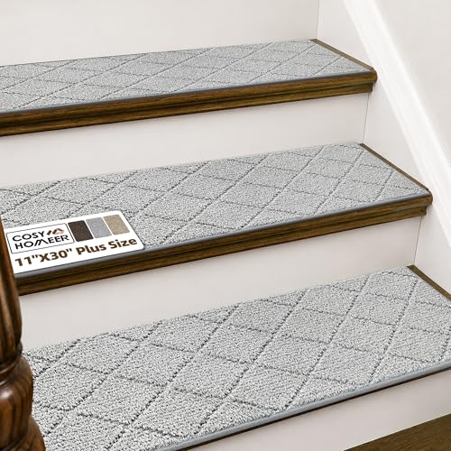 Image of COSY HOMEER Stair Treads for Wooden Steps 11 inchx30 inch Washable Indoor Carpet Stair Treads Non Slip Soft Polyester Stair Carpet Tread Reusable Stair Runner Rugs for Kids, Elders,Pets,Grey,15pcs