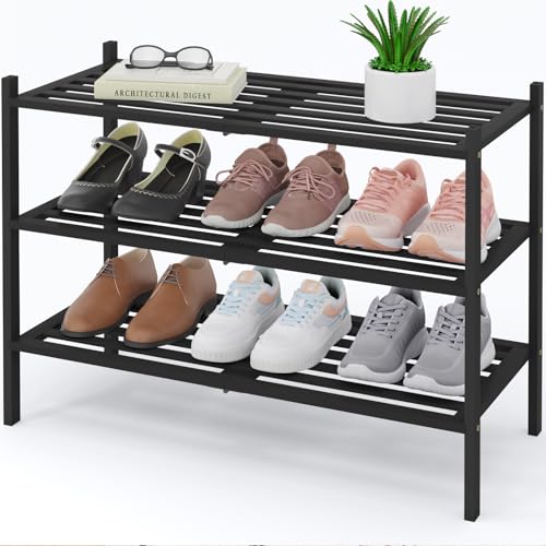 Image of Smiry Bamboo Shoe Rack, 5 Horizontal Slats, 3 Tier - 26.8 inch Wide, Black