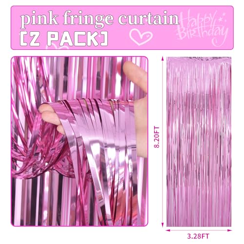 Image of Pink Party Decorations Backdrop Curtains 2Pack - 3.3x8.2FT Pink Backdrop Photo Booth Props Fringe Curtains - Hot Pink Birthday Decorations Streamers Barbie Party Decorations Princess Backdrop