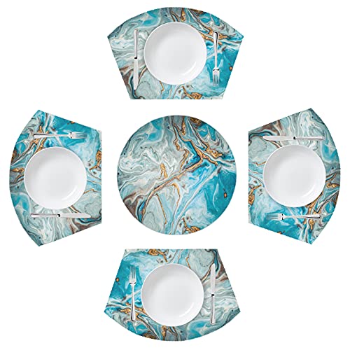 Turquoise Abstract Marble Swirl Round Table Placemats Set Of 5 Wedge Table Mats Washable Heat Resistant Place Mat For Dining Table Kitchen Farmhouse Restaurant #TOP1