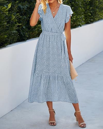Image of BTFBM Women Summer Bohemian Floral Casual Wrap V Neck Ruffle Cap Sleeveless Belt A-Line Pleated Hem Midi Sun Dress White