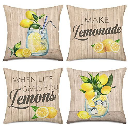 Doitely Summer Lemonade Pillow Covers 18X18 Set Of 4 Lemon Pillows Decorative Throw Pillows When Life Gives You Lemons/Make Lemonade Cushion Case For Farmhouse Outdoor Sofa Chair Decor #TOP27