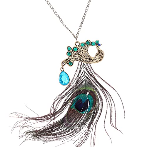 Campsis Boho Feather Pendant Necklace Bohemia Blue Peacock Necklaces Crystal Indiana Chain Jewelry for Women and Girls