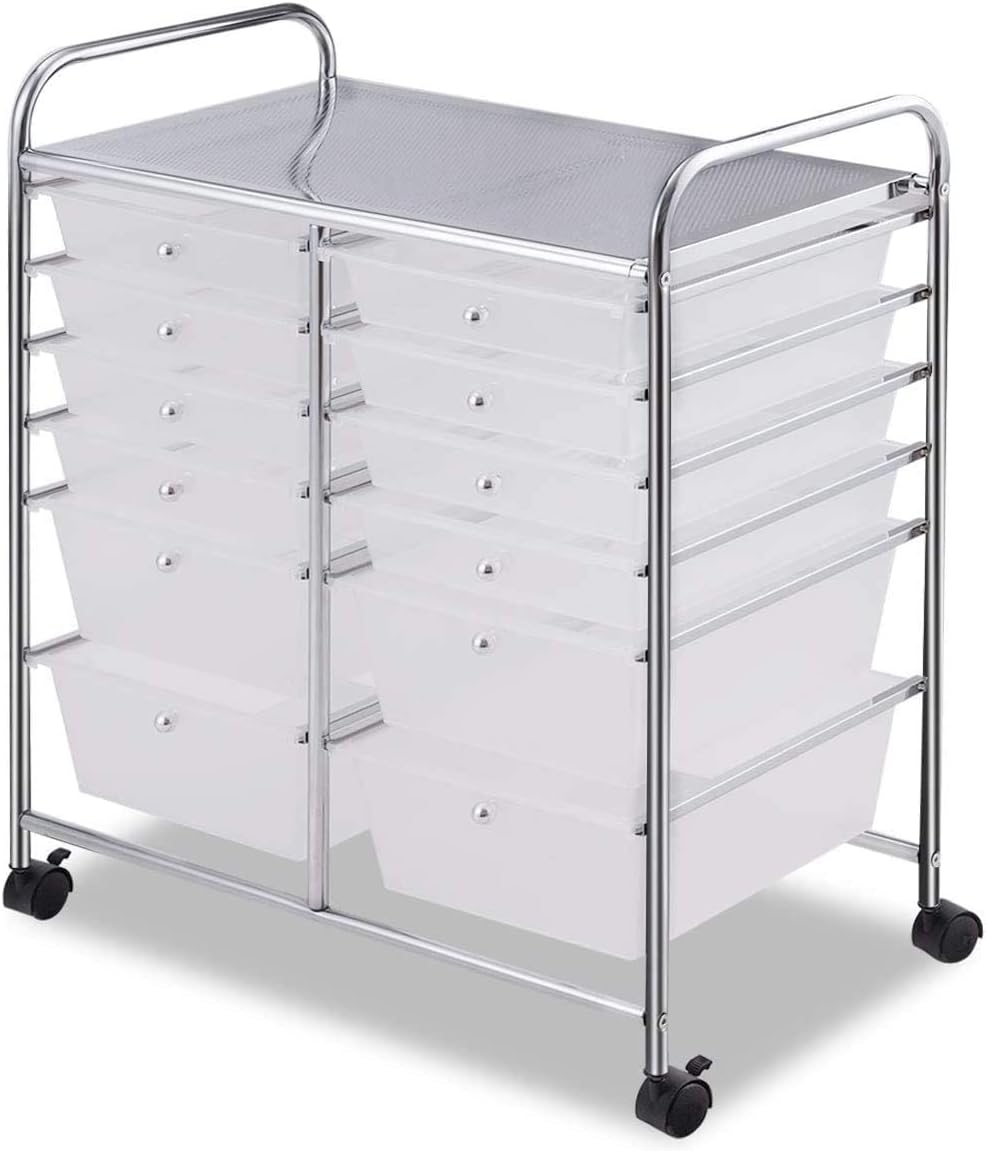 FANTASK 12-Drawer Rolling Storage Cart, Multipurpose Organizer Utility Trolley on Wheels, Tools Scrapbook Paper Organizer for School, Office, Home, Beauty Salon (Clear)