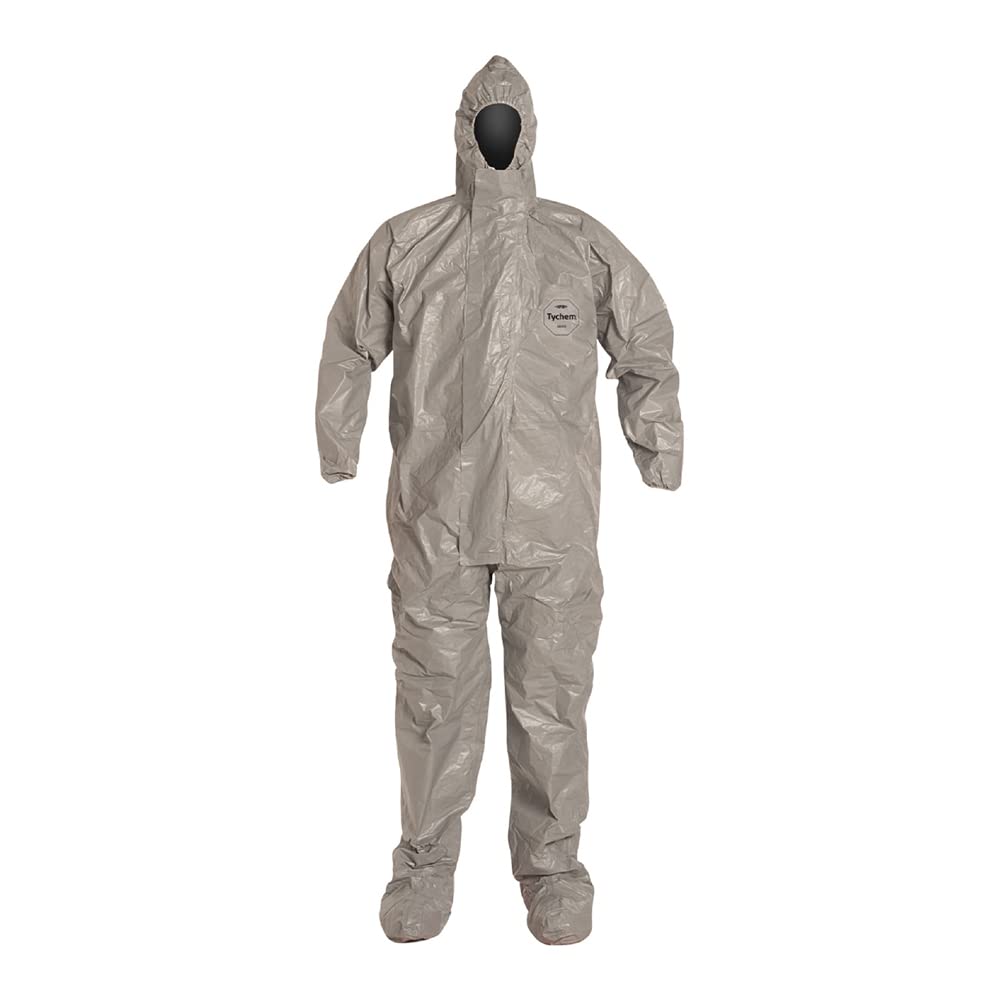 DuPontTF169TGYLG0006TV F Coverall with Respirator Fit Hood, Elastic Wrists, Taped Seam, Large, Grey (Pack of 6)