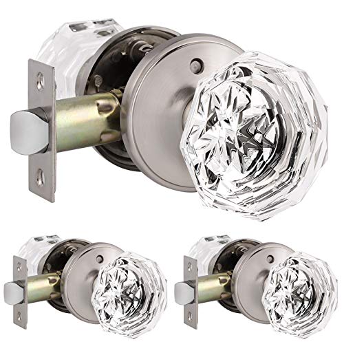 Knobonly 3 Pack Genuine Crystal Privacy Door Knobs for Bed/Bath, Interior Door Handles Satin Nickel Finish with Classic Rosette, Heavy Duty Modern Door Handles&Knob Sets-Diamond Shape