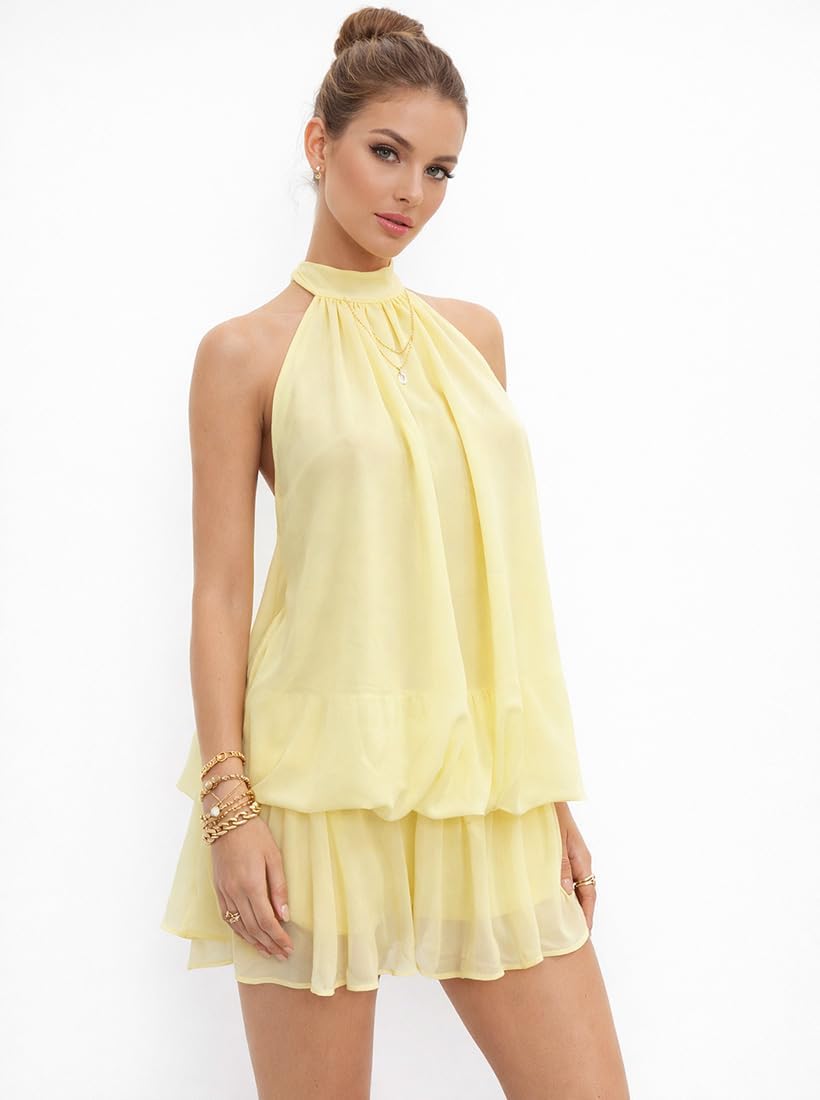 Chiffon Mini Dress for Women Summer Halter Ruffle Backless Short Wedding Guest Dresses for Party Club