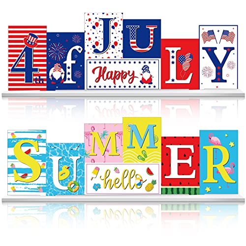 Chunful Reversible Hello Summer 4Th Of July Patriotic Decorations Independence Day Wooden Sign Watermelon Summer Decor Red White Blue 4Th Of July Decor Memorial Day Farmhouse Table Decor For Tier Tray #TOP7
