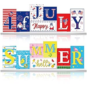 Chunful Reversible Hello Summer 4th of July Decorations for Home Wooden Memorial Day Patriotic Table Decoration Summer Table Centerpieces Red White Blue Flamingo Watermelon Independence Day Sign