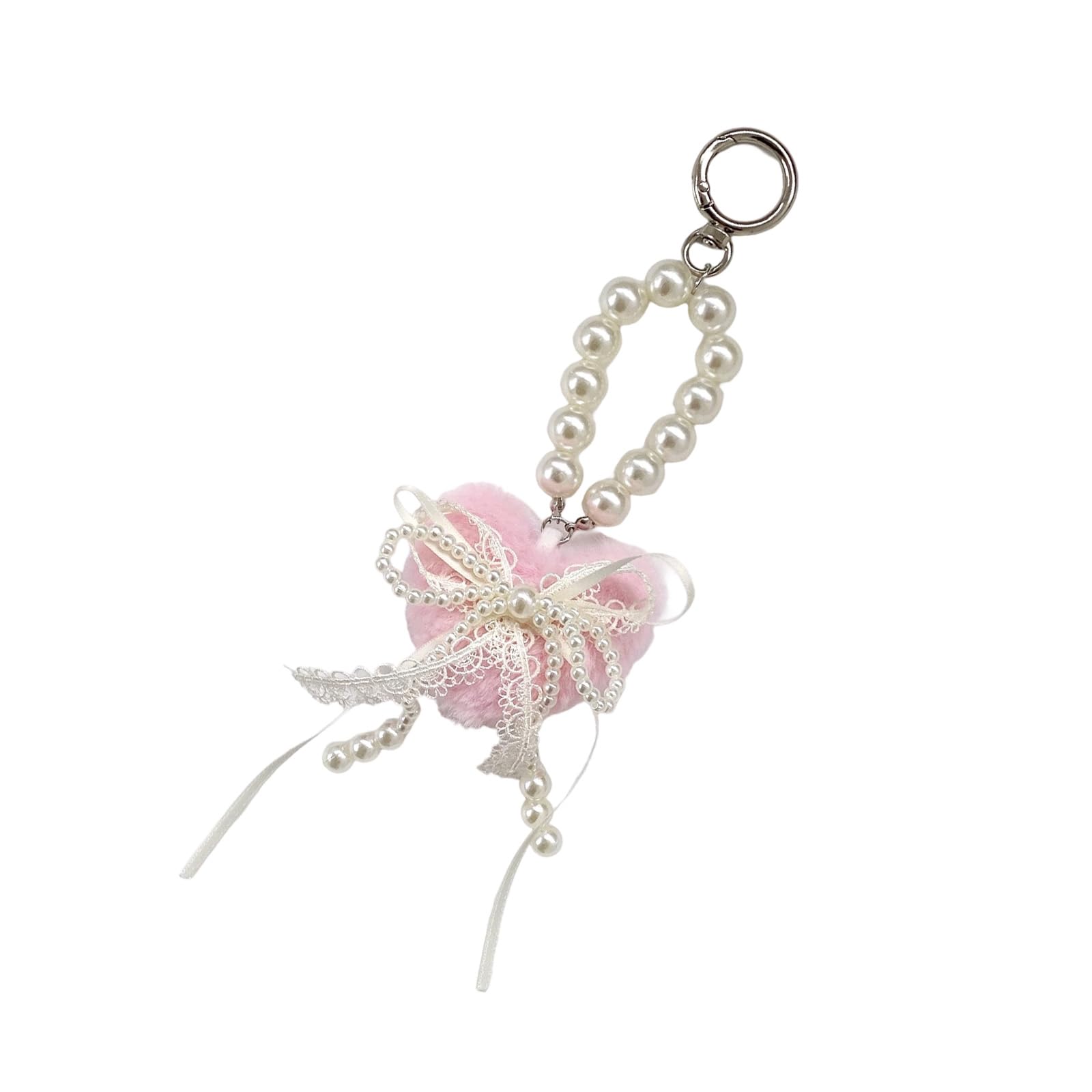 Buxuaaaa Lovely Heart Shaped Plush Keychain with Lace Pearls Detail, Decorative Bowknot Bag Charm for Women Girls Gift Plush Bowknot Pendant