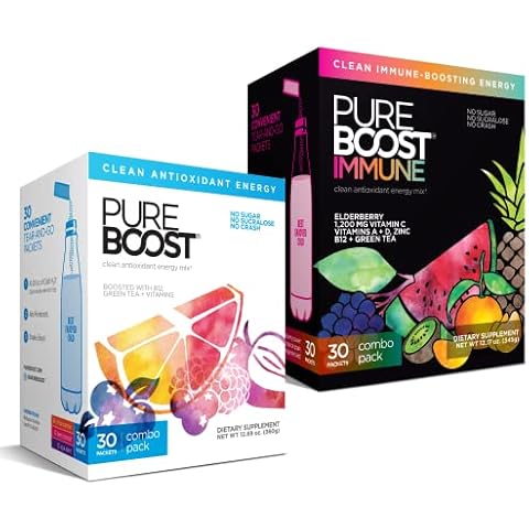 Pureboost Clean Energy and Super Immune Bundle. 60 Stick Packs Boosted with B12, Vitamin C and More. Fruity Combo Pack + Advanced Immune Support, Immune Combo Pack Cover