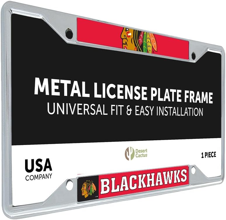 Desert Cactus Chicago Blackhawks Car Accessories NHL Team National Hockey League Metal License Plate Frame for Front or Rear of Car (Up Close)